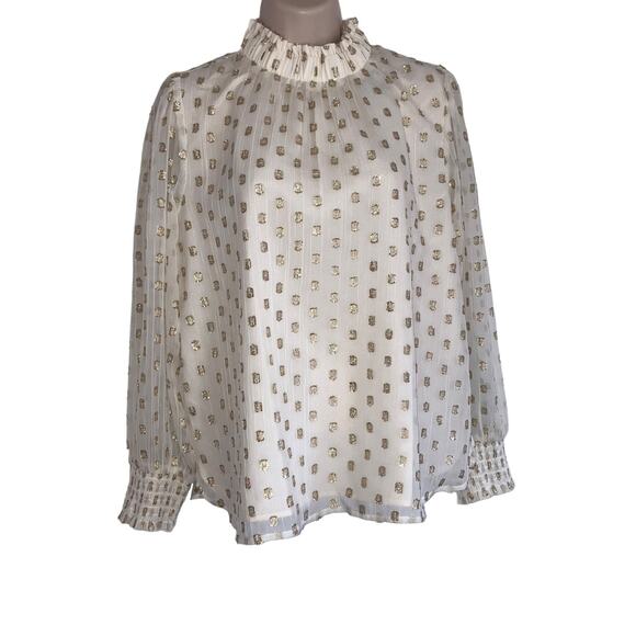 NWT Loft White and Gold Metallic Petite Ruffle Smocked Lined Sheer Blouse-Medium - Picture 5 of 13